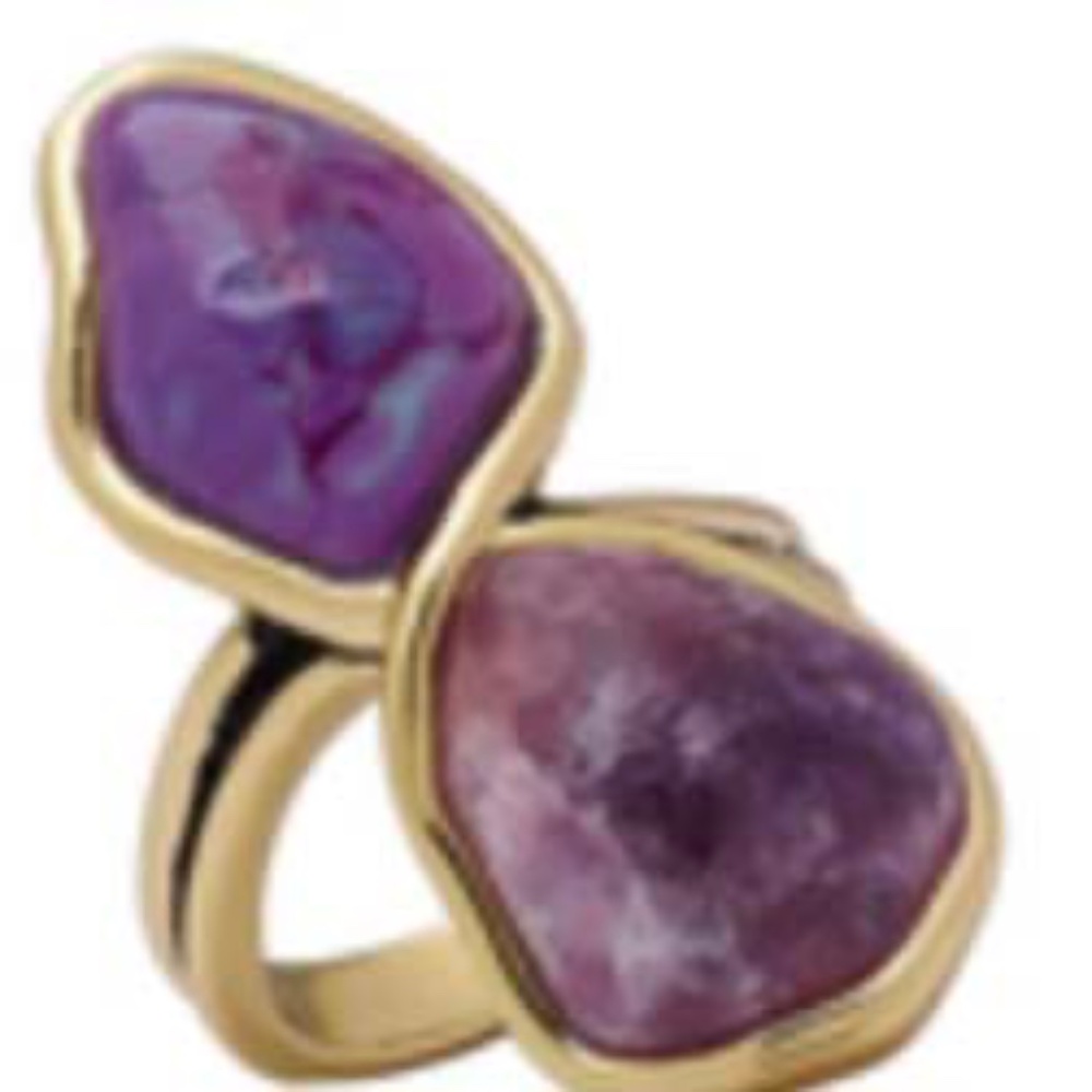 DOUBLE STONE AMETHYST RING, SIZE 8, PURPLE, EVERLAST SETTING, FREEFORM STONES,